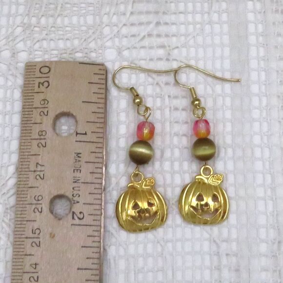 Gold Tone Pumpkin Dangle Drop Earrings for Halloween, Handmade Jewelry Women - Picture 6 of 7